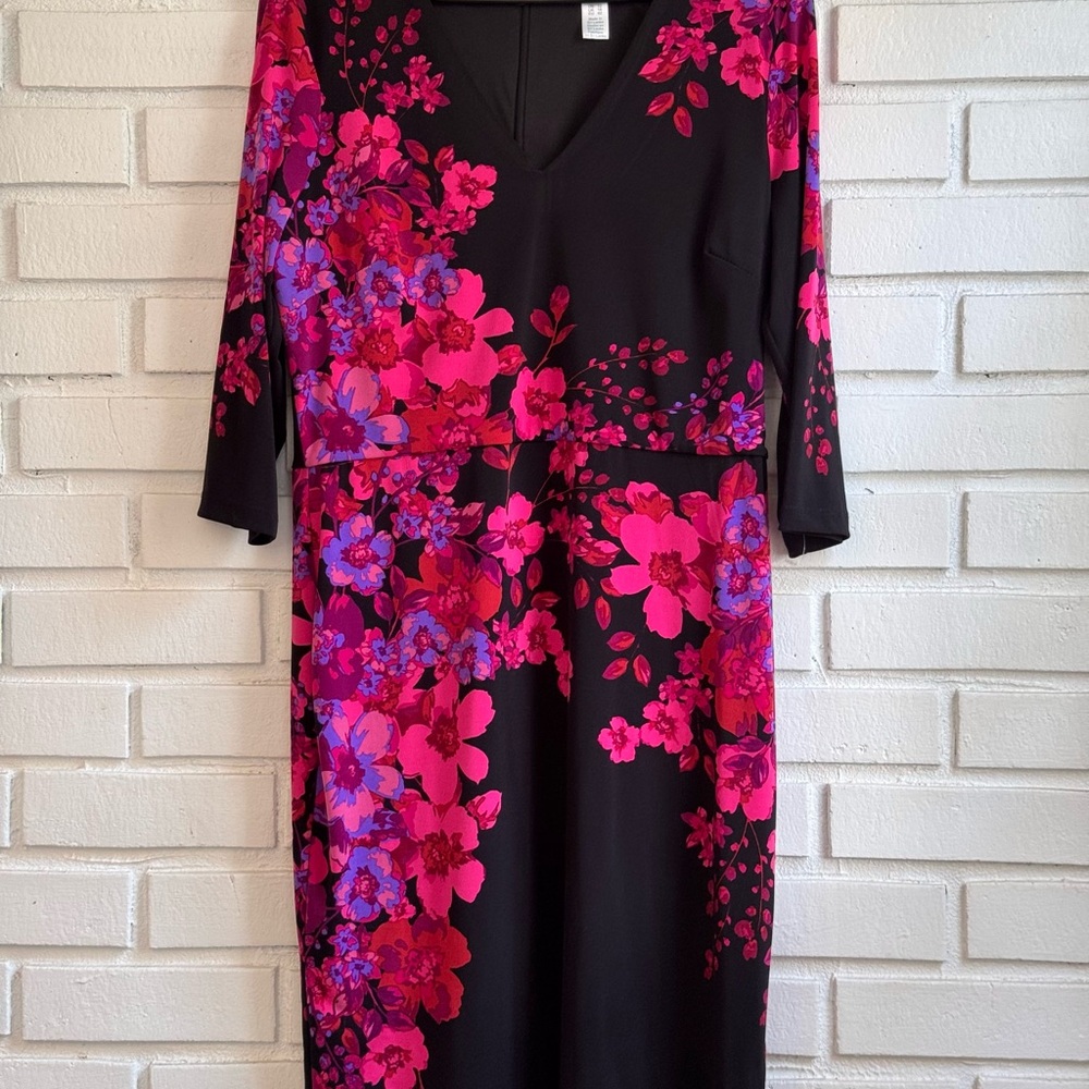 London Times Black Dress with Pink and Purple Floral Design